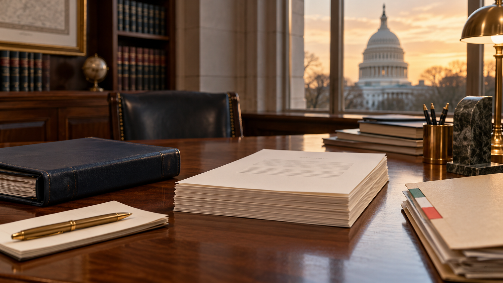Iran war powers editorial illustration showing blank congressional resolution papers on a legislative desk with the U.S. Capitol in the background.