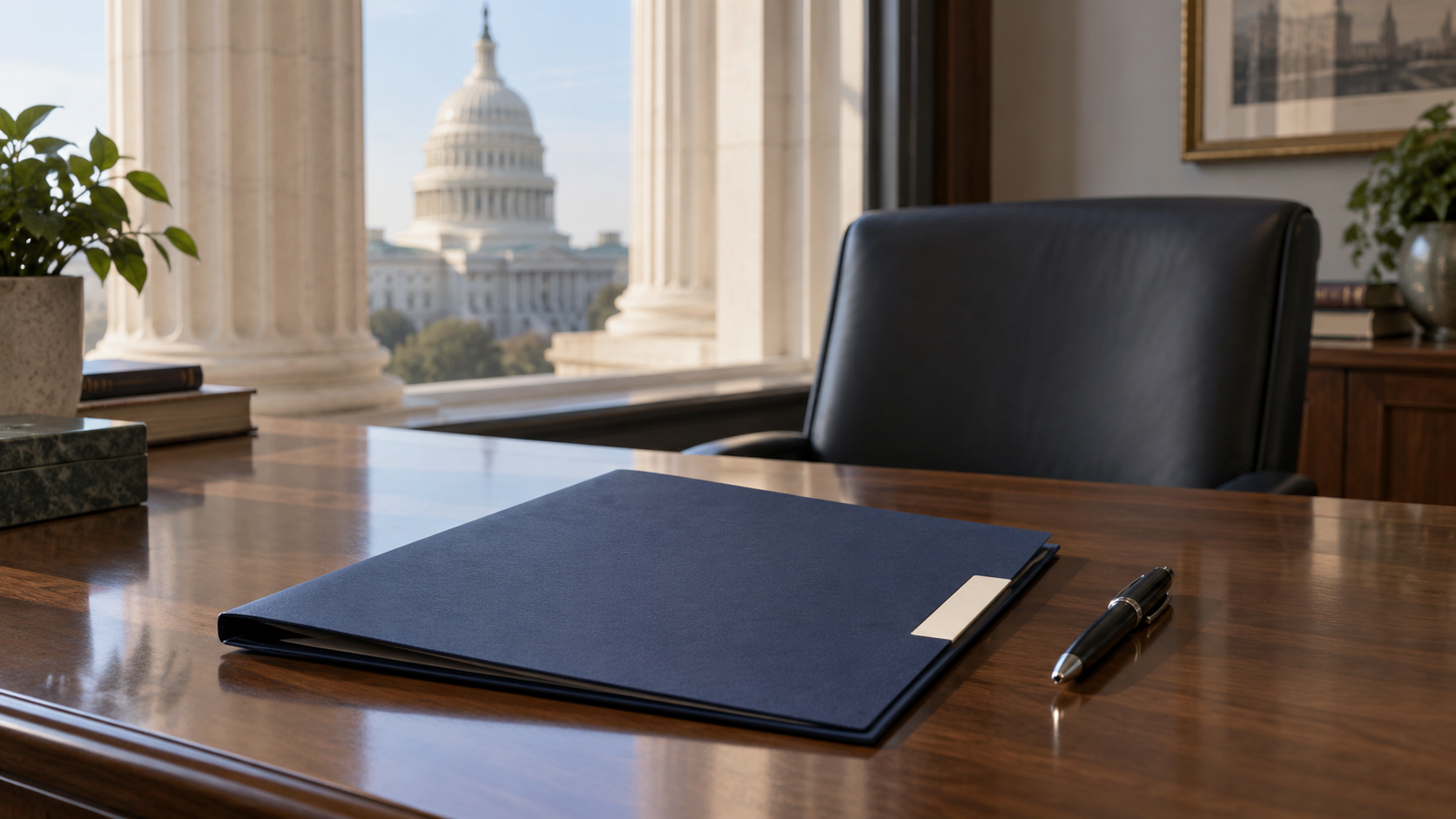 A closed navy folder and neutral pen on a wooden desk before an empty chair, with U.S. Capitol architecture softly blurred behind, illustrating the Schroyer nomination.
