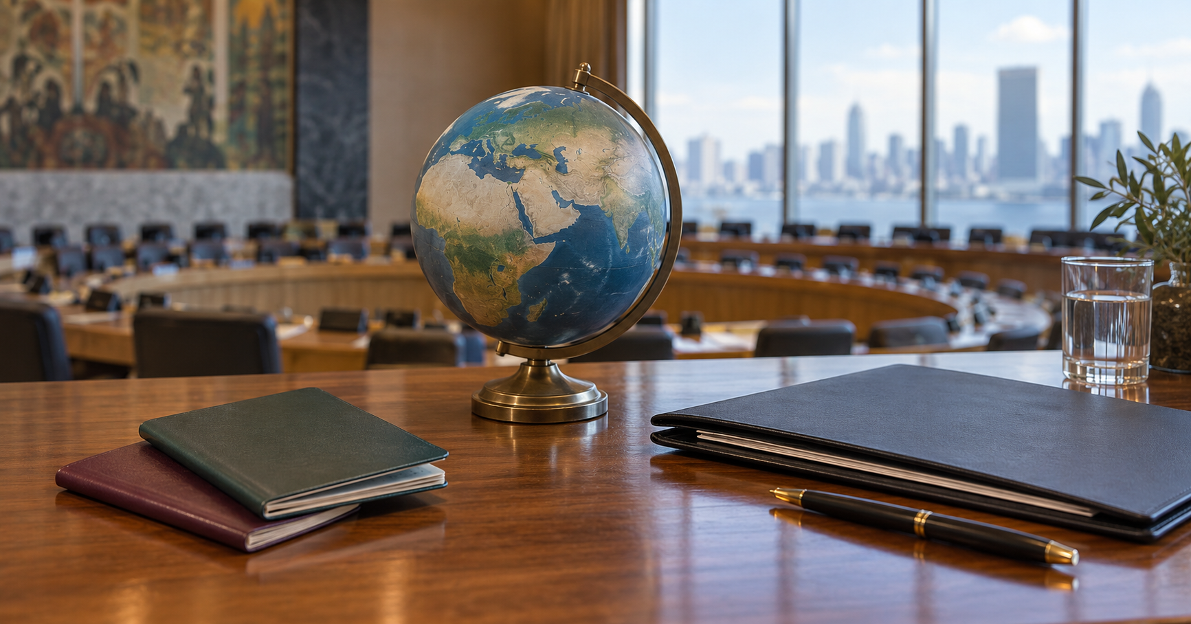 Photorealistic editorial still life about Palestinian visas, showing two generic passport booklets, a blank folder and a globe on a conference desk