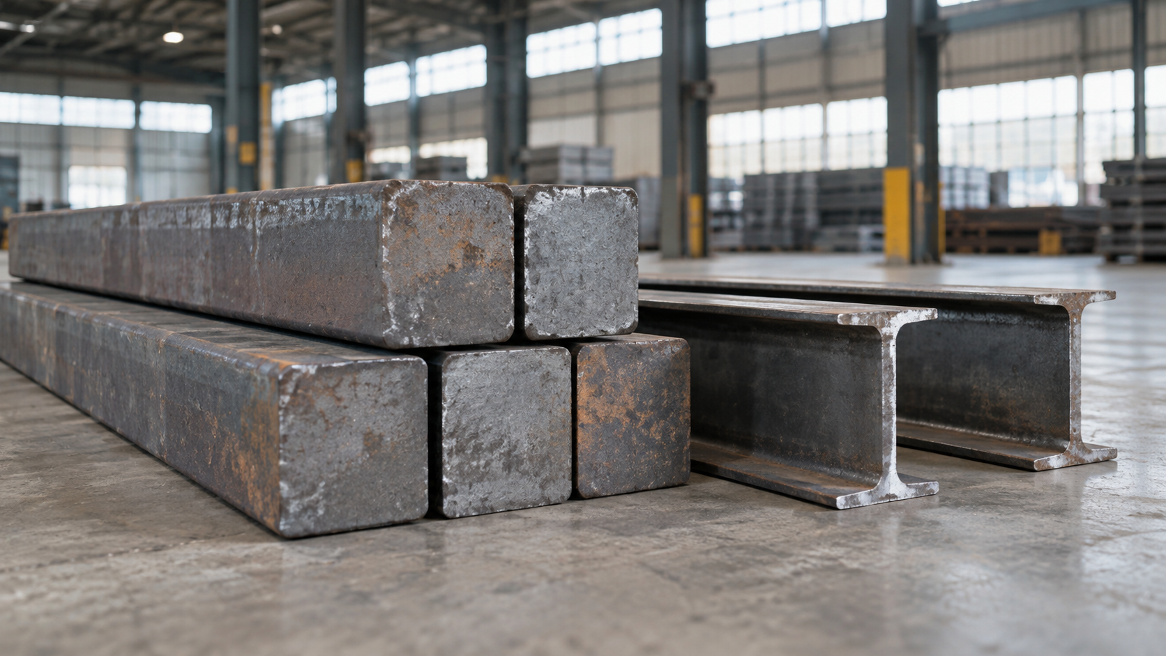 Steel billets and beam sections on a warehouse floor illustrate the Speciality Steel UK acquisition proposal.