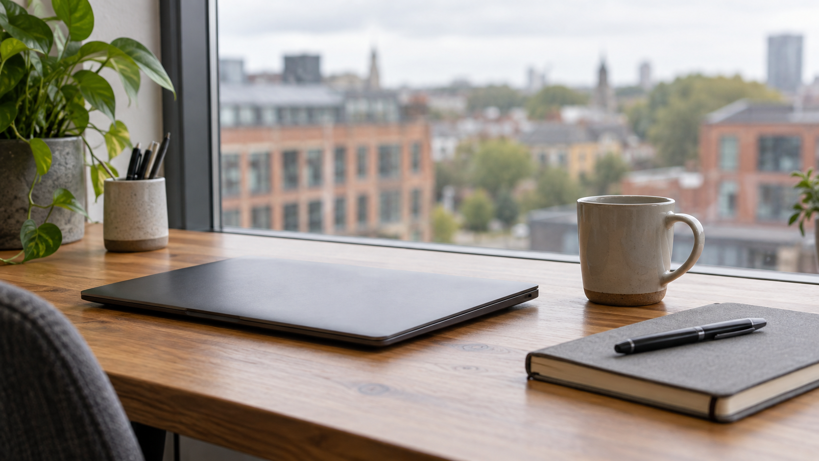 Closed laptop, notebook, pen and ceramic mug on a window-side desk illustrate the UK labour market report.