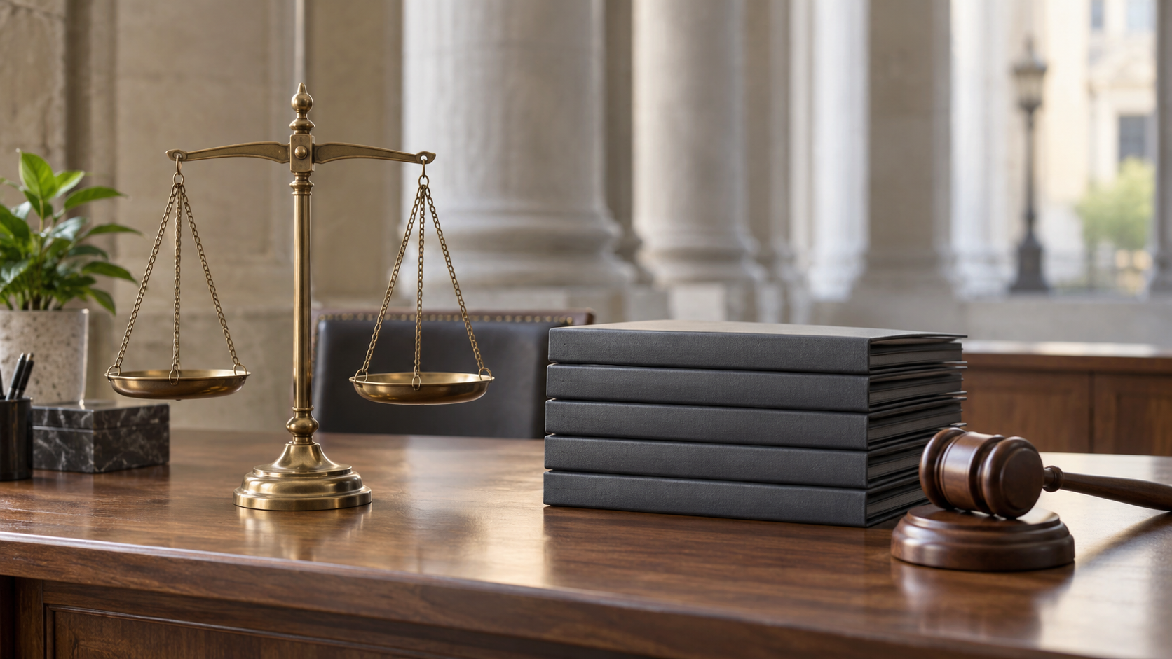 Photorealistic editorial still life of scales of justice, unmarked legal folders and a gavel representing Russian murder charges