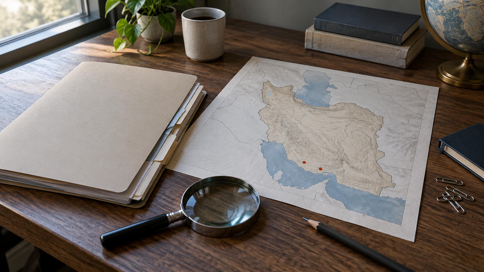 UN Iran findings represented by a fact-finding report beside a map marking Minab and Lamerd on a neutral desk