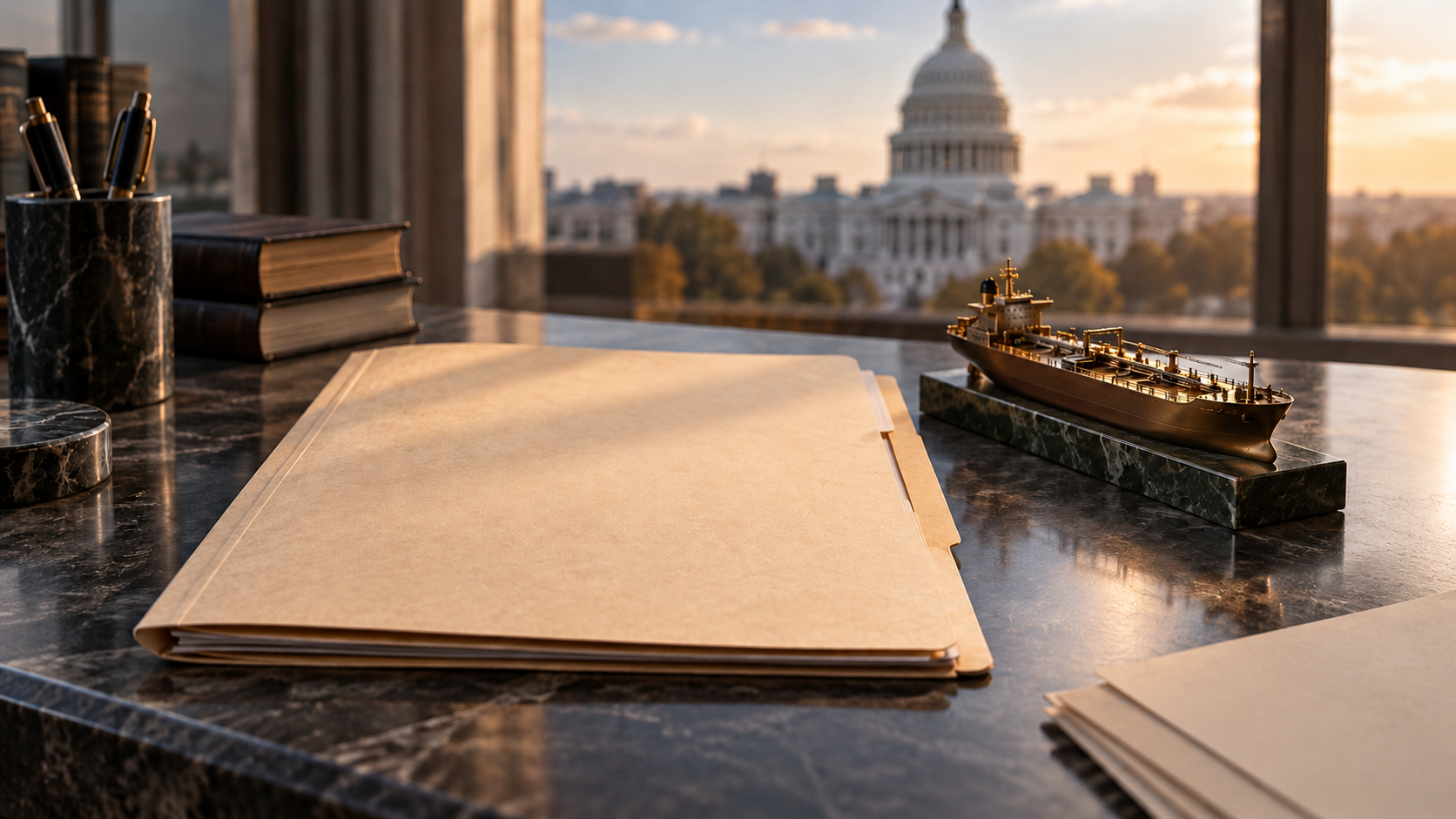 Photorealistic editorial illustration of a sanctions dossier and trade symbols representing the Russia sanctions bill.