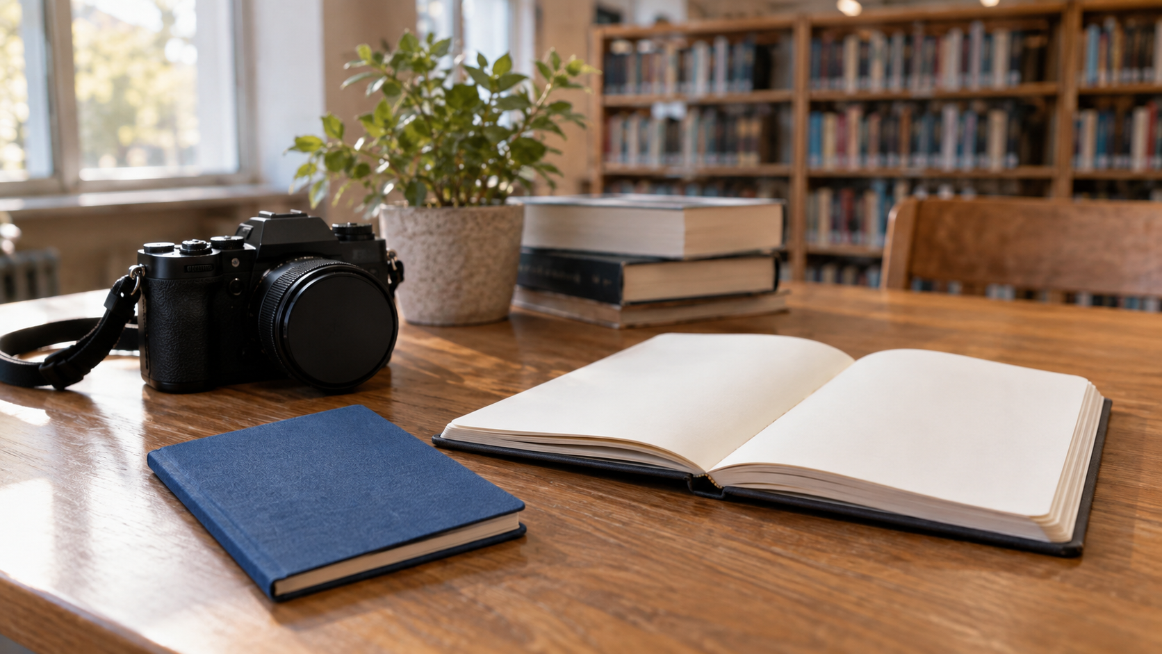A camera, blue booklet and open blank notebook on a library table illustrate the student stay rule report.